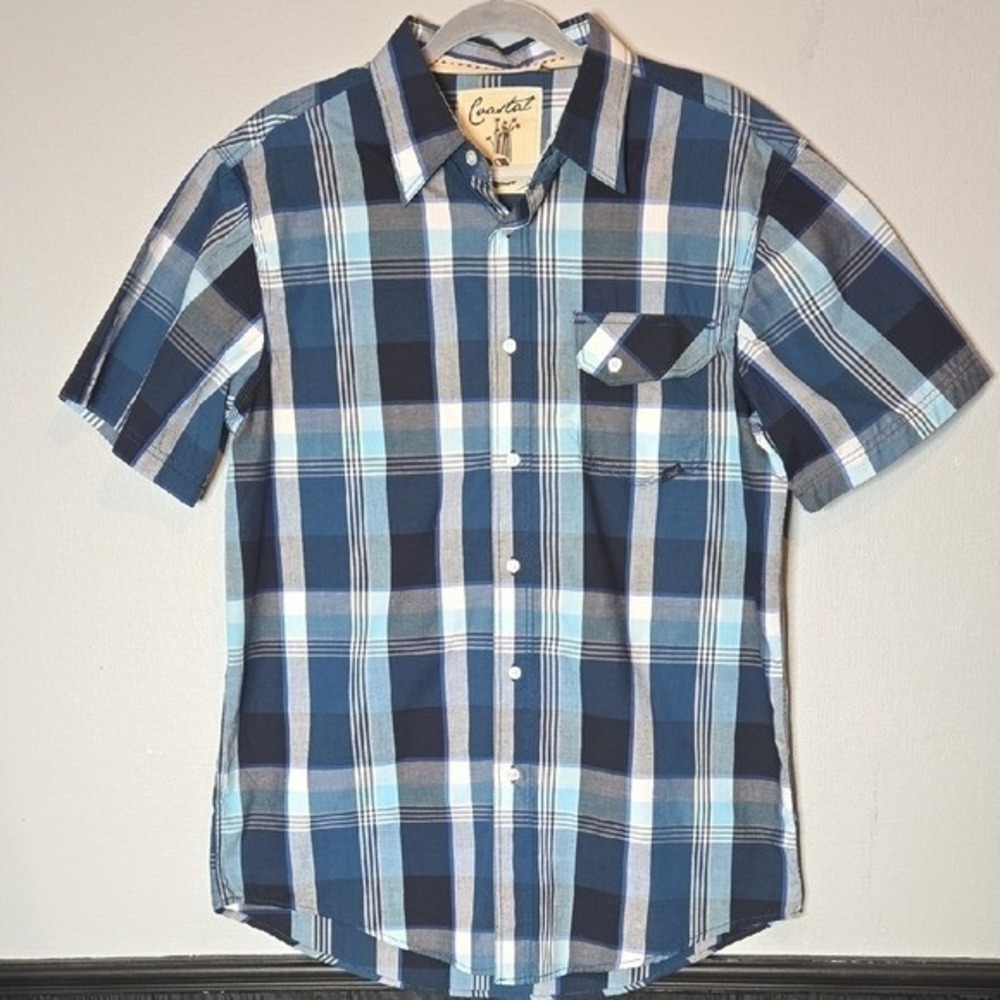 Coastal Plaid Short Sleeve Button-down Shirt, Casual Summer, Blue White, Large